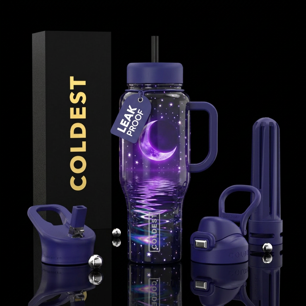 Purple moon on the water, medium stars twinkling, ... water bottle design