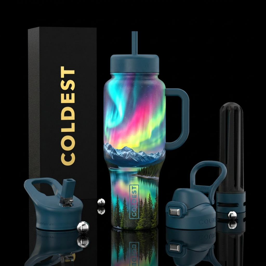 Northern lights, mountains, lake, trees water bottle design