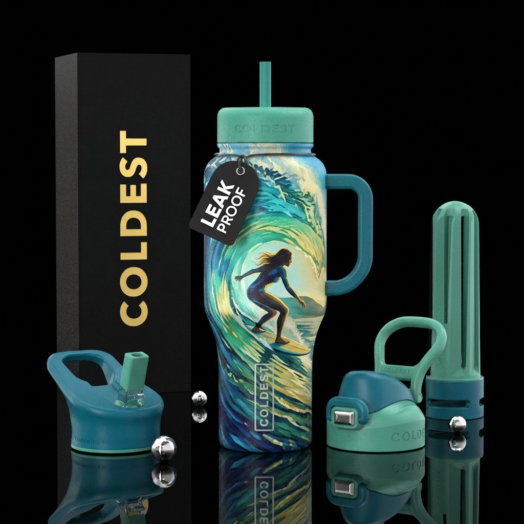 Surfer girl, tidal wave, textured water bottle design