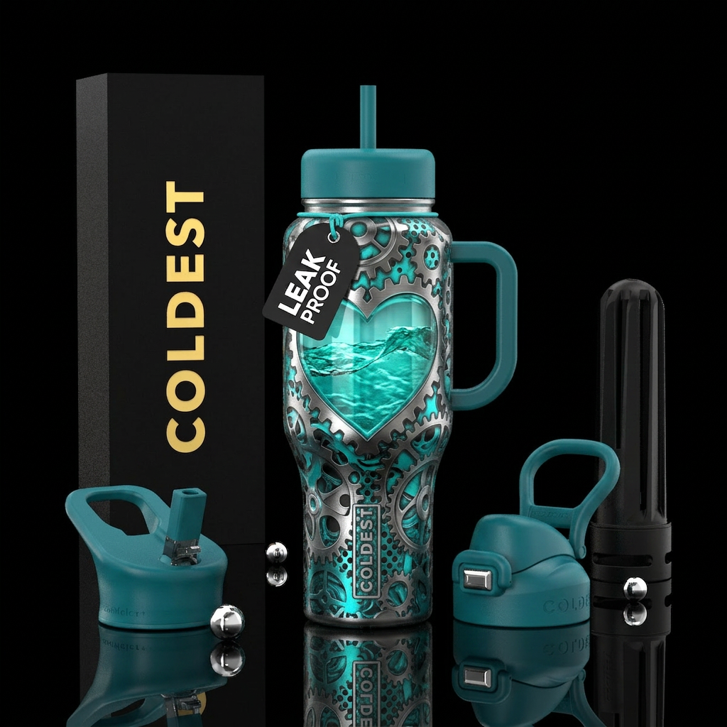 Gun medal holes, Turquoise heart filled with teal ... water bottle design