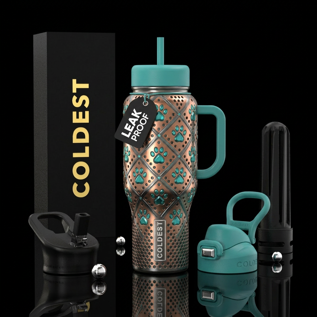 Copper gun medal holes, Teal paw prints diamonds, ... water bottle design