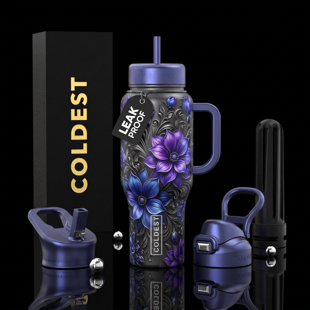 Gun medal , purle & blue flowers, shadow, beautifu... water bottle design
