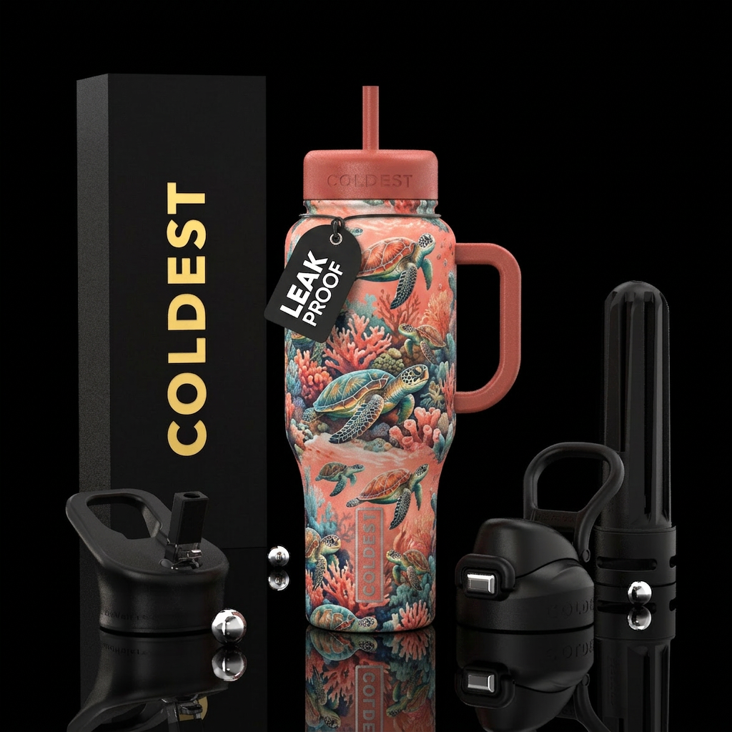 Beautiful coral background w/ turtles,  realistic,... water bottle design