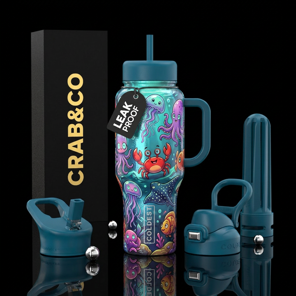 Toon red crab, octopus jellyfish Stingray glowy te... water bottle design