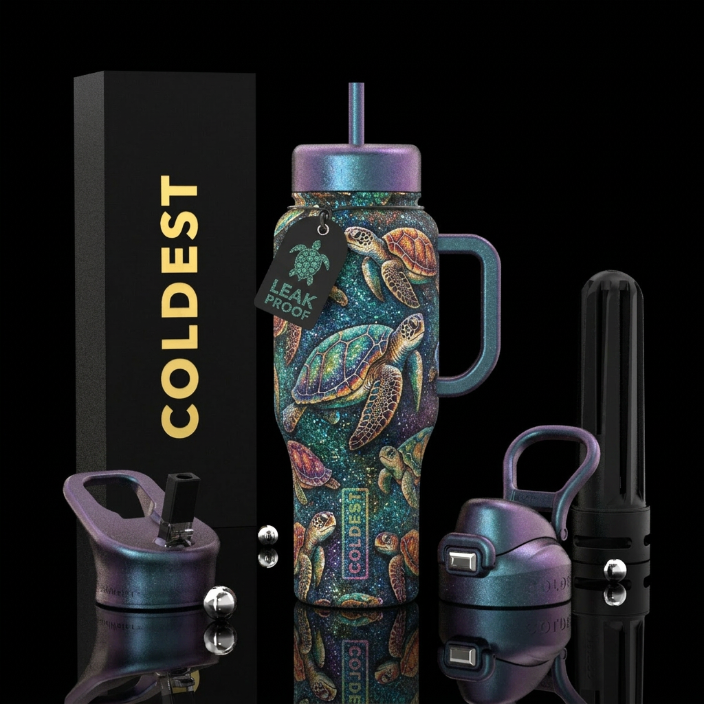 Glitter "Peekaboo" turtles, beautiful,  textured water bottle design