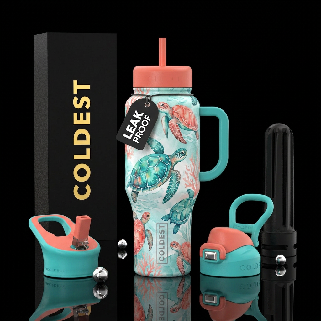 Watercolored teal & coral sea turtles, , beautiful water bottle design