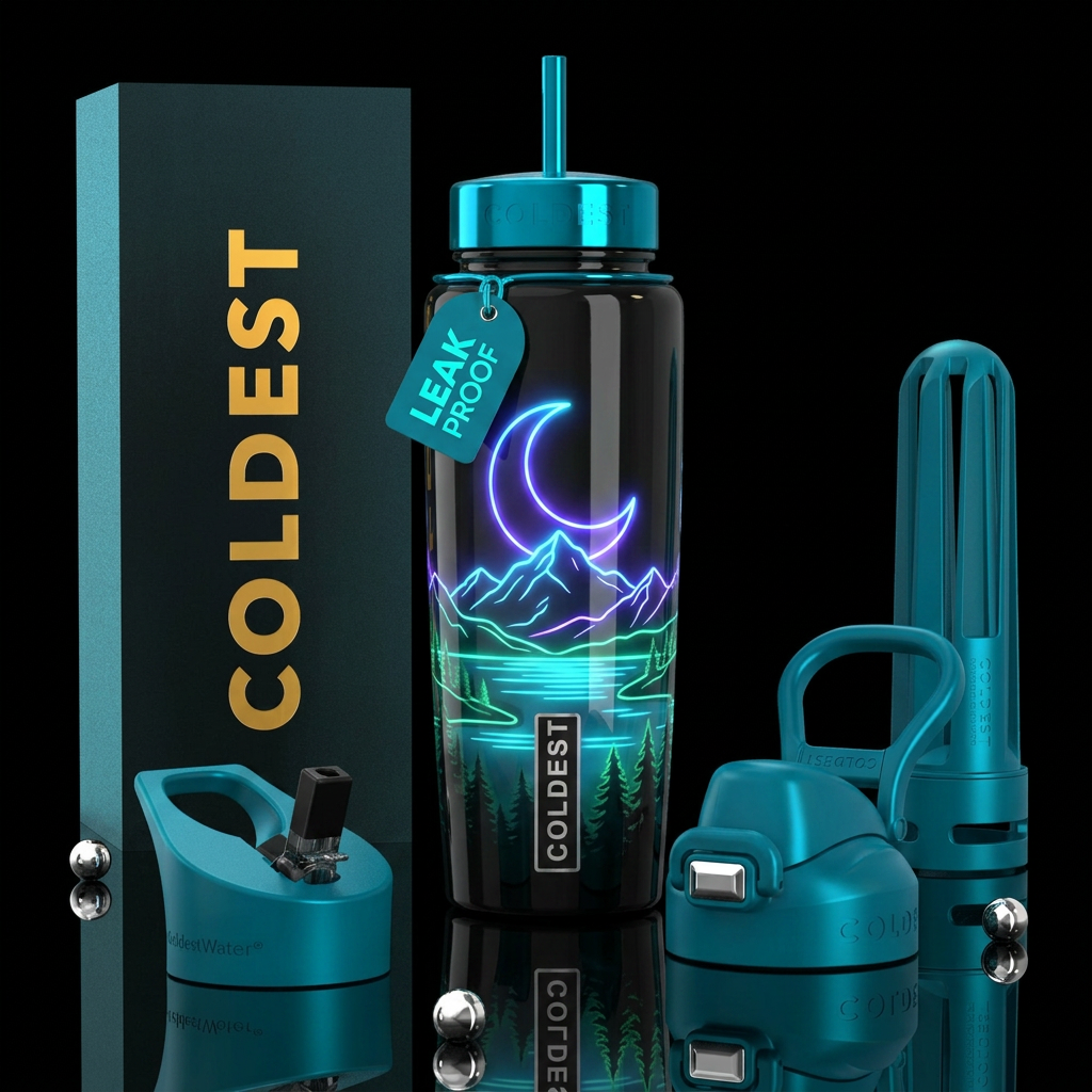 Neon lined moon over the Lake, trees , water bottle design