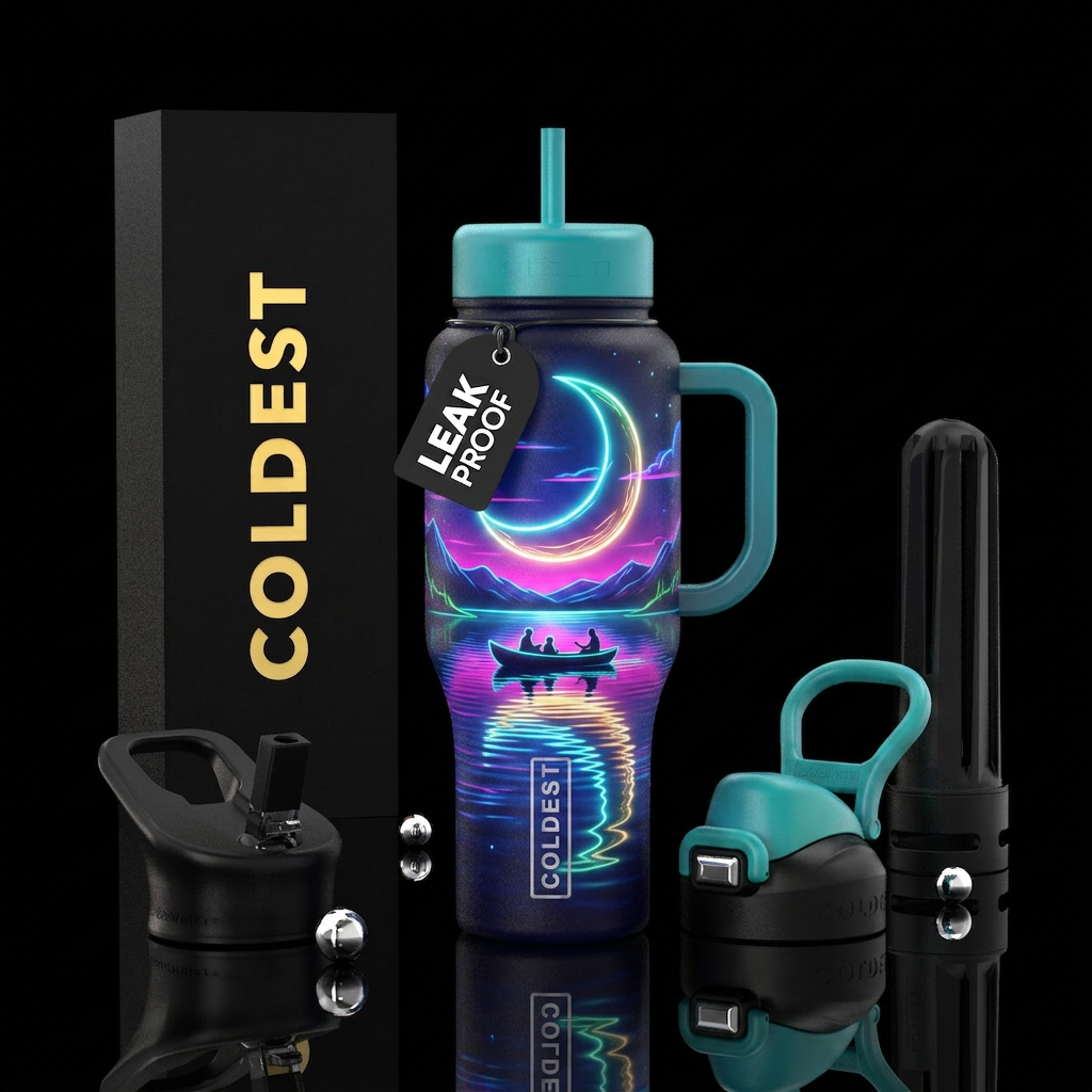 Neon lined moon over the Lake, trees ,people, boat... water bottle design