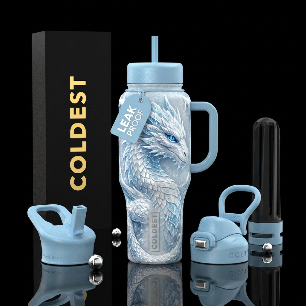 Snow dragon, blue eyes, textured water bottle design