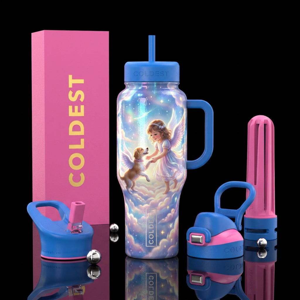 Little girl & Dog angel, beautiful,  shiny, textur... water bottle design