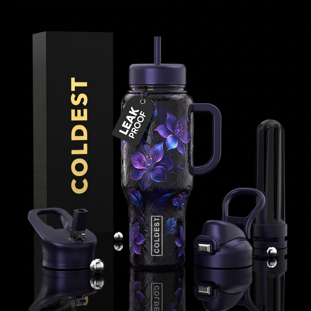 Dark glass, shadow, purple & blue  glowing flowers... water bottle design