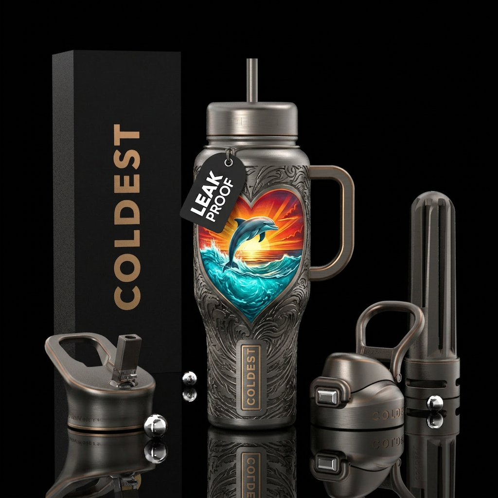 Gun medal, A heart with water & asunset dolphin, b... water bottle design