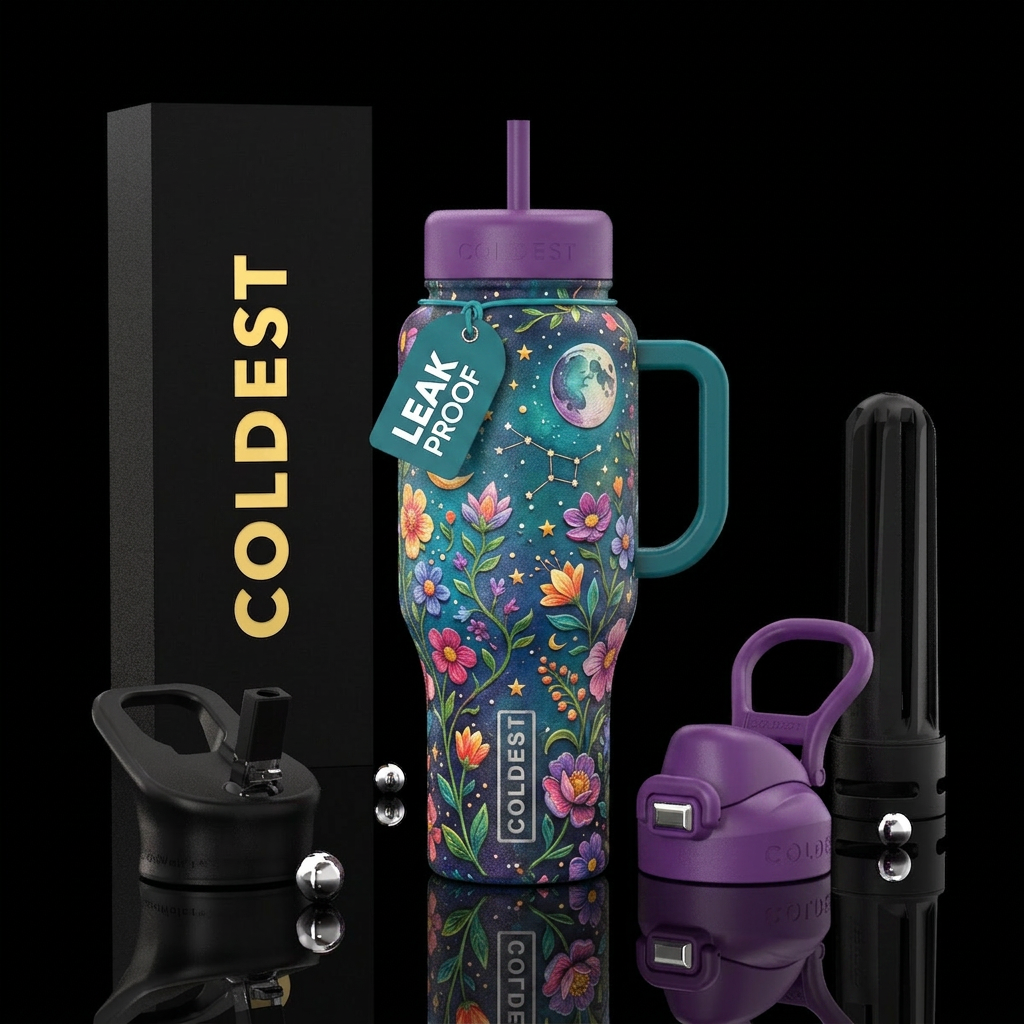 Floral moon, stars, colorful,  textured water bottle design