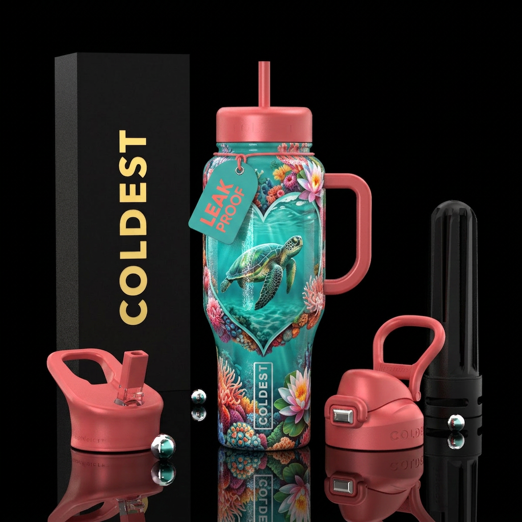 Coral heart fill with teal waters, a sea turtle sw... water bottle design