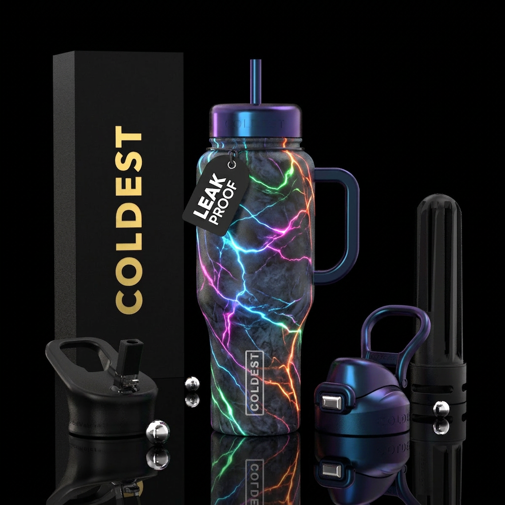 Neon bottle with Neon lines on glowing marble, bea... water bottle design