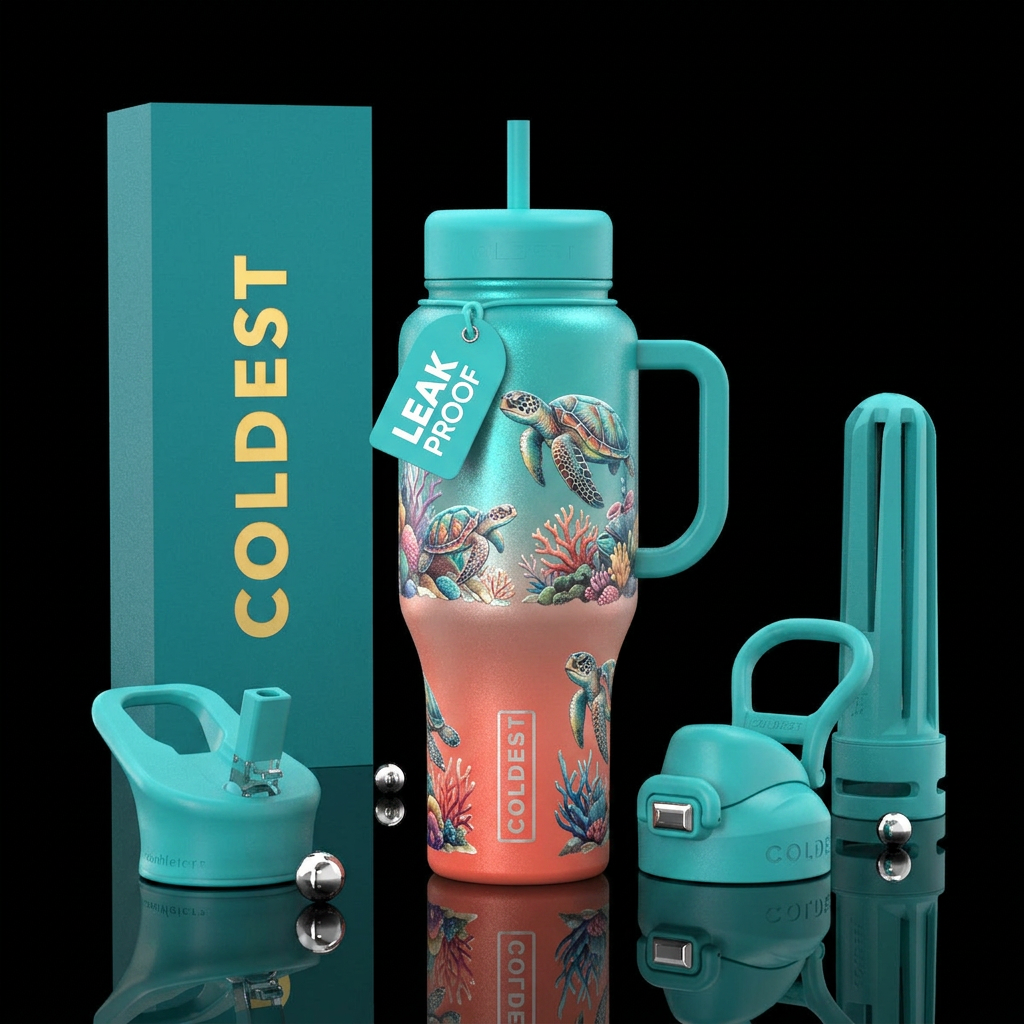 Sea turtle, coral turquoise,  beautifully textured water bottle design