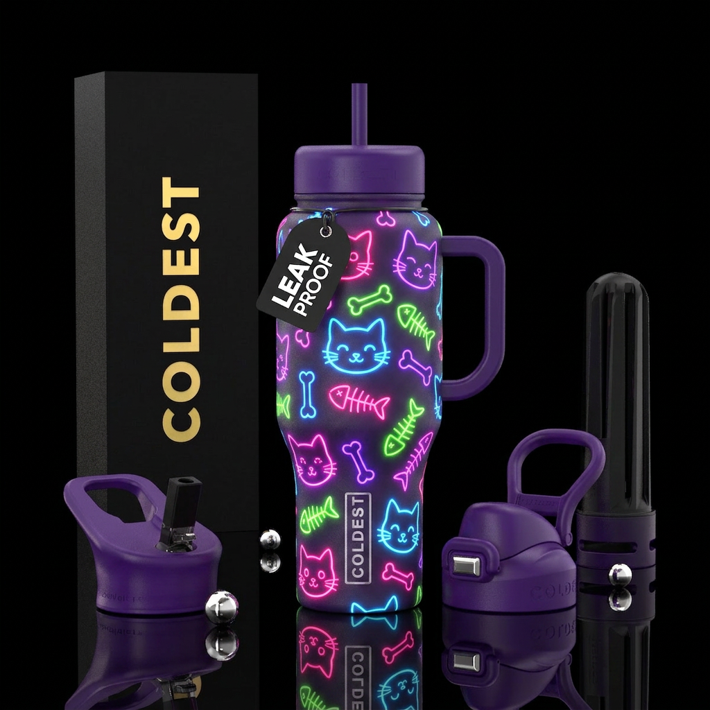 Neon cat faces, fish skeleton,  & bones, cute, tex... water bottle design