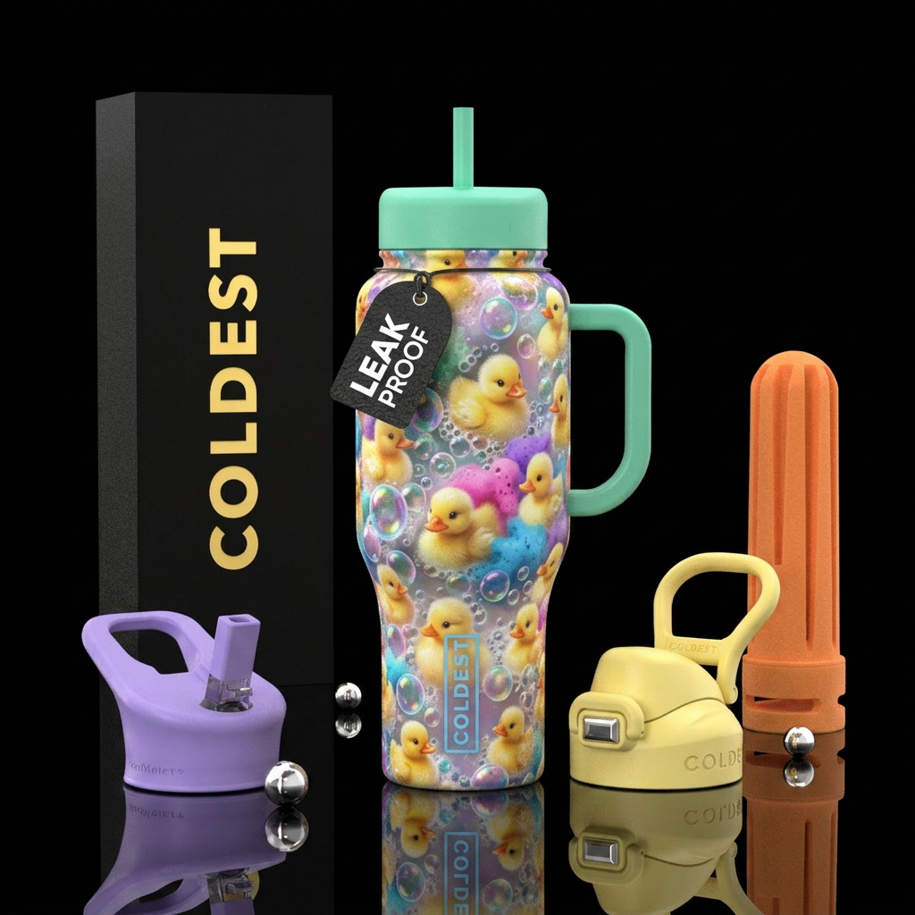 Real fluffy baby duties in a colorful bubble bath,... water bottle design