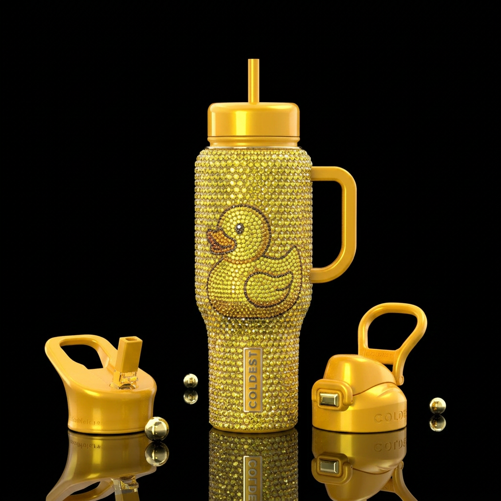 Duck, gems, yellow, textured, shiny water bottle design