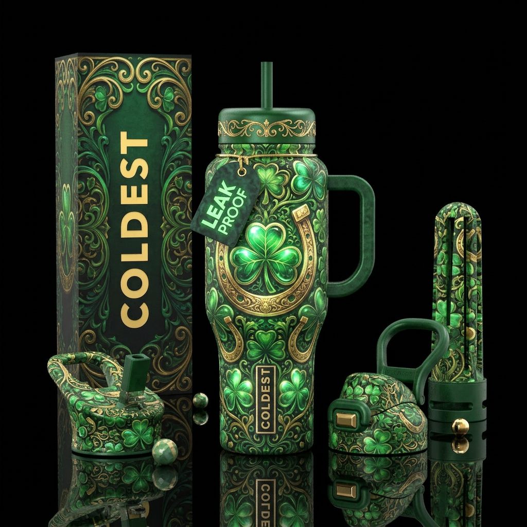 Glowie green clover, gold horseshoe, textured water bottle design