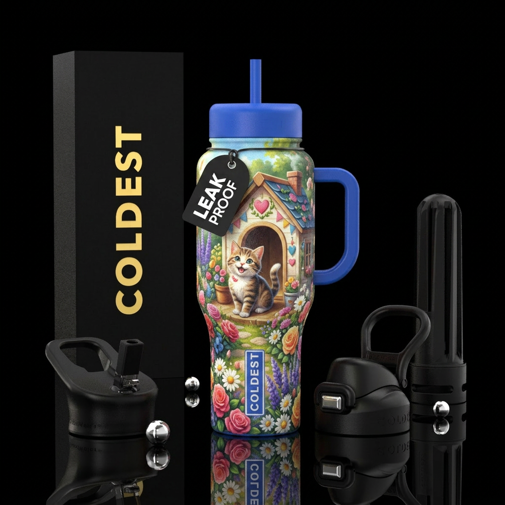 Cat, Cat House, flowers, beautiful,  textured water bottle design