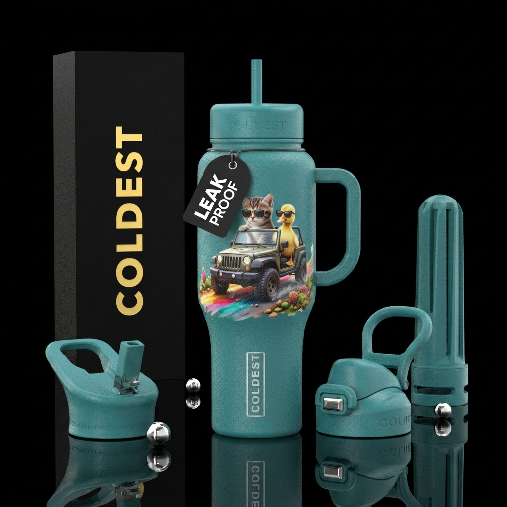 A Real kitten & baby ducky driving a jeep,  shades... water bottle design