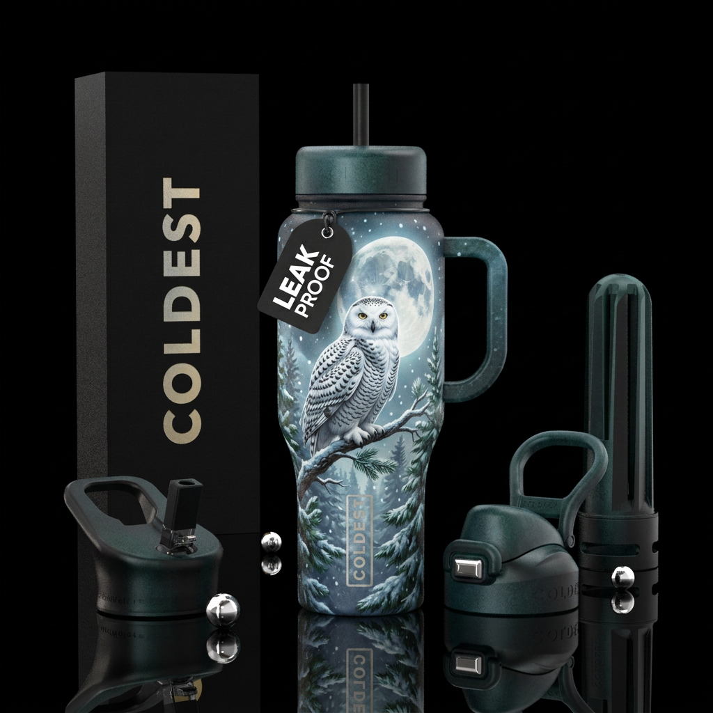 Snow owl, full moon, snowing, pine tree, textured water bottle design
