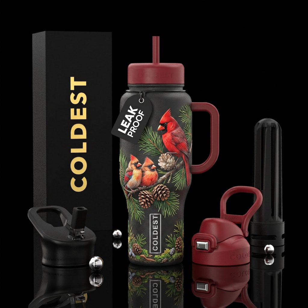 Daddy cardinal & 2 babie Cardinals, pine tree, bea... water bottle design