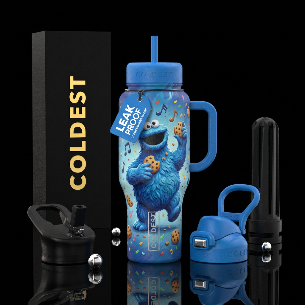 Dancing  Cookie Monster with musical notes, confet... water bottle design