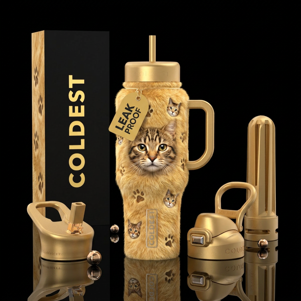 Unique cat, fluffy, cute, texture water bottle design