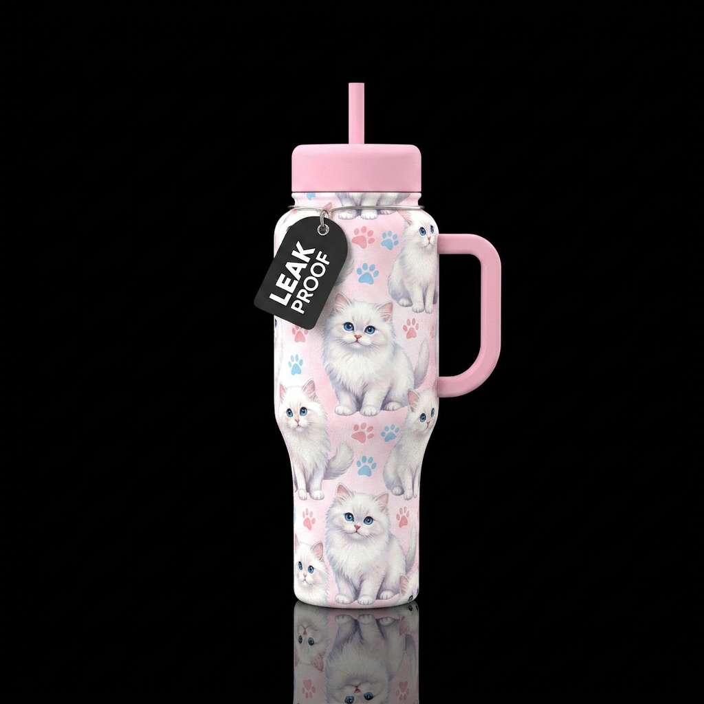 Fluffy cat, Paws prints, pretty, water bottle design