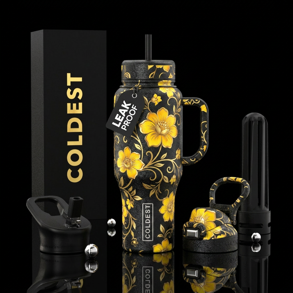 Black shimmery,  yellow flowers, gold outlined, be... water bottle design