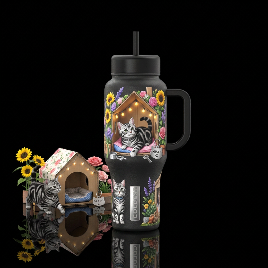 Cat, cathouse, flowers, cat name tag, textured water bottle design