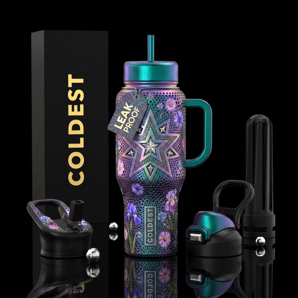 Holey , flowers, a big star irridescent,  textured water bottle design