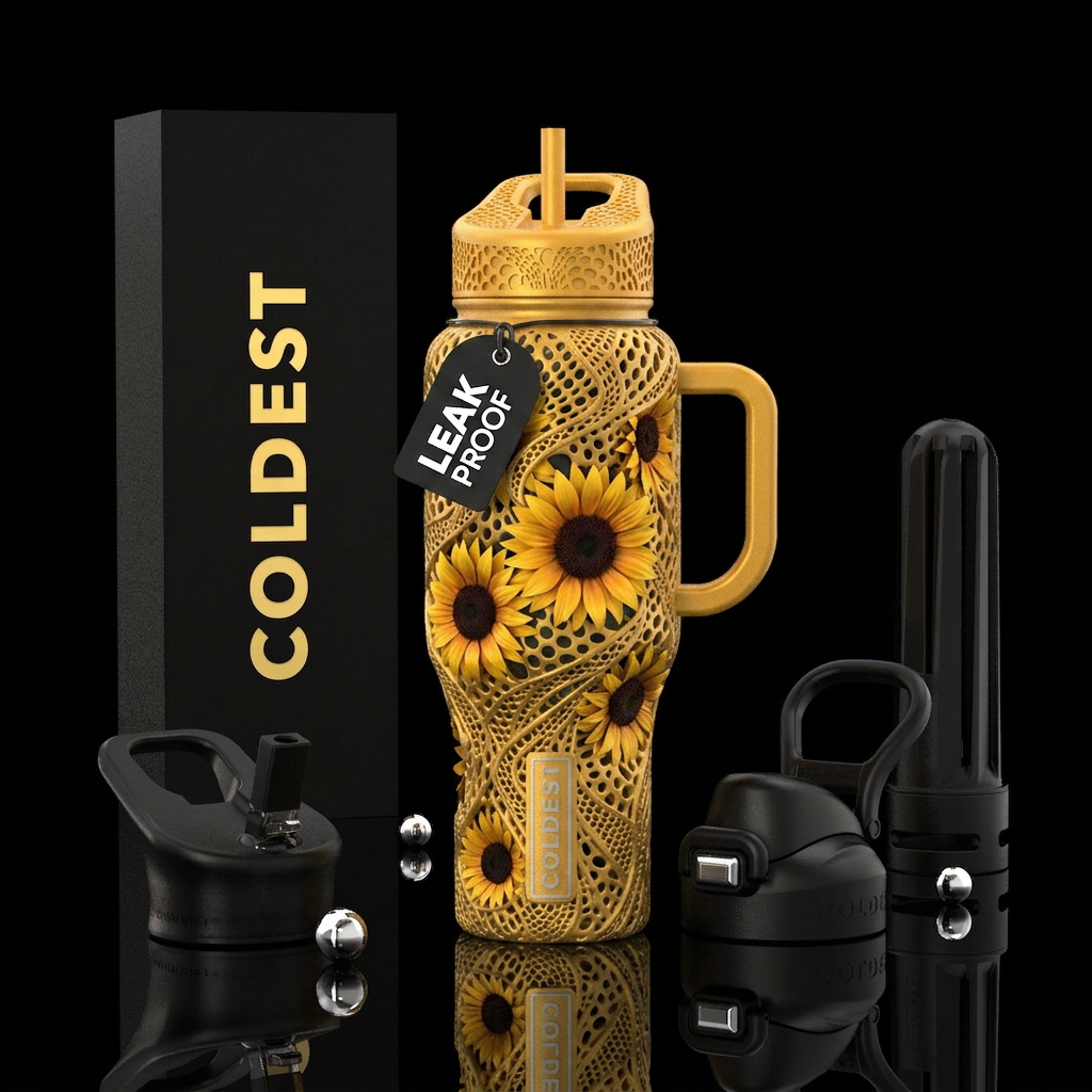 Black,  sunflower,  holey, behind, textured water bottle design