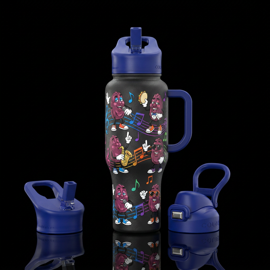 California Raisins singing,  music notes, textured water bottle design