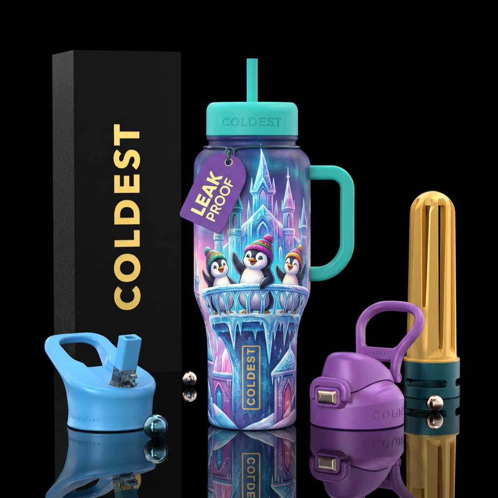 3 penguins, waving, balcony, ice castle,  colorful... water bottle design