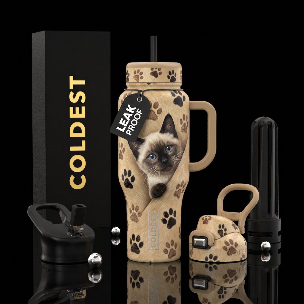 Beige background, peeking  real Siamese kitten,  b... water bottle design