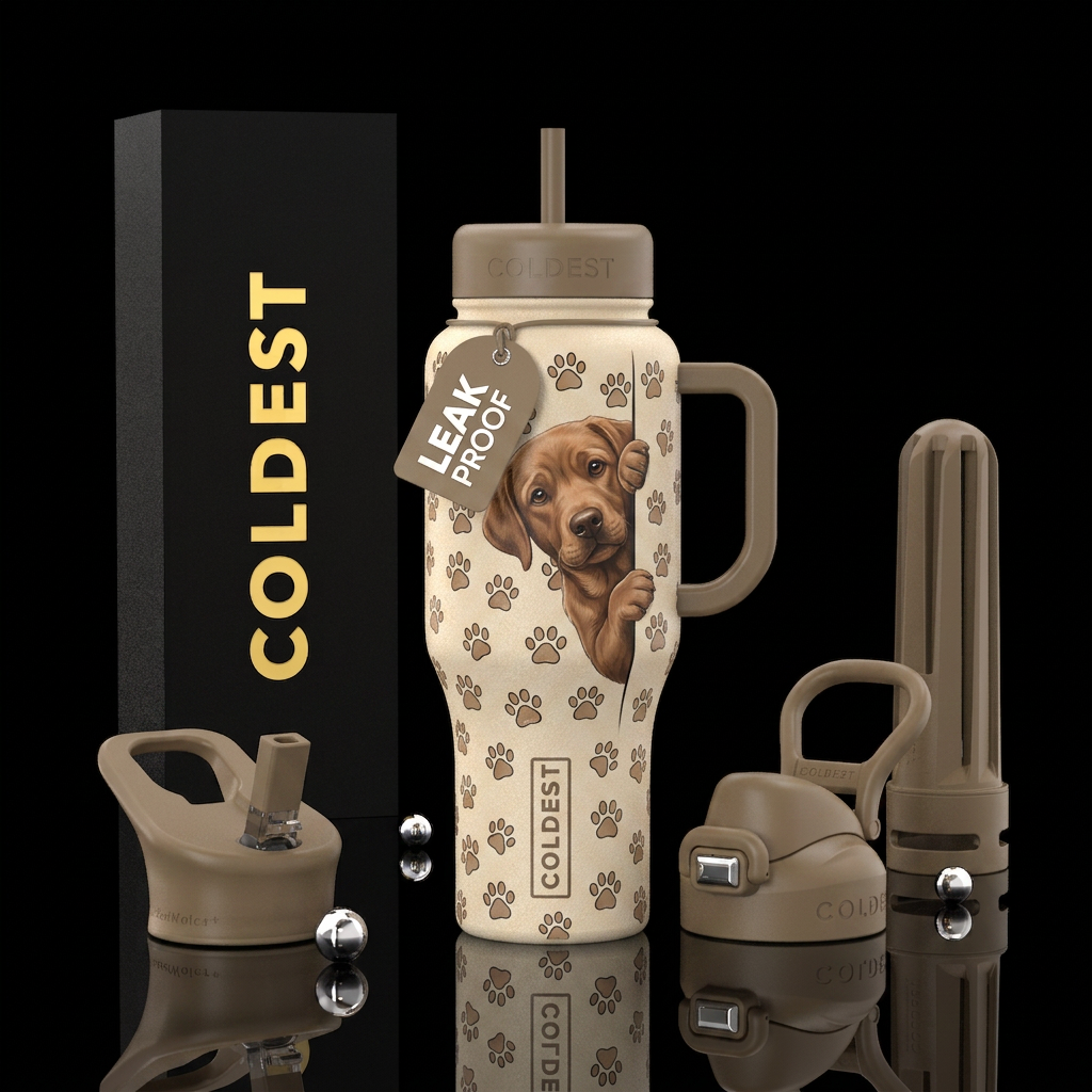 Peekaboo dog, beige background,paw prints, texture... water bottle design