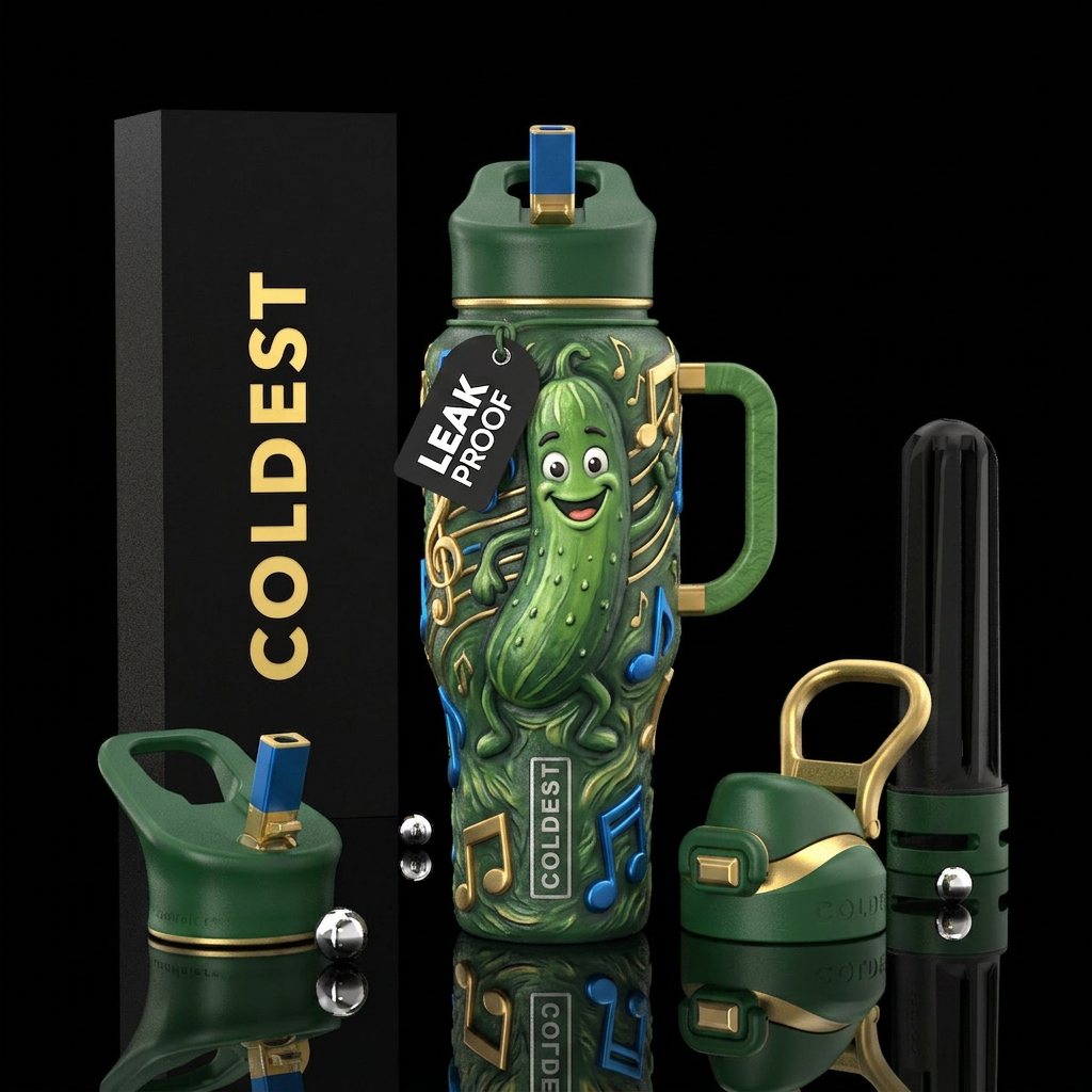 A Dancing Cucumber,  music Notes, smiling, texture... water bottle design