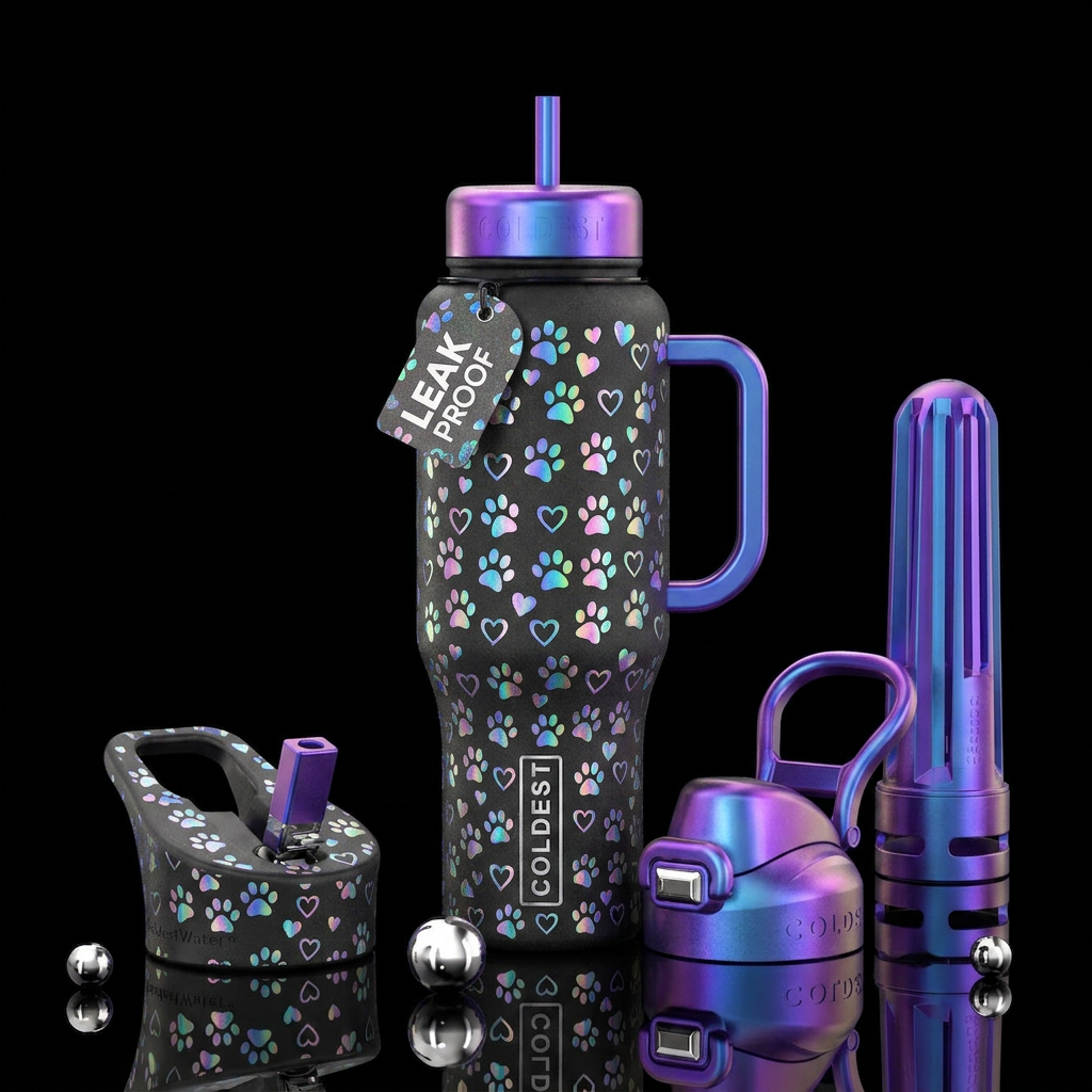 Paws & hearts,    holographic , textured water bottle design