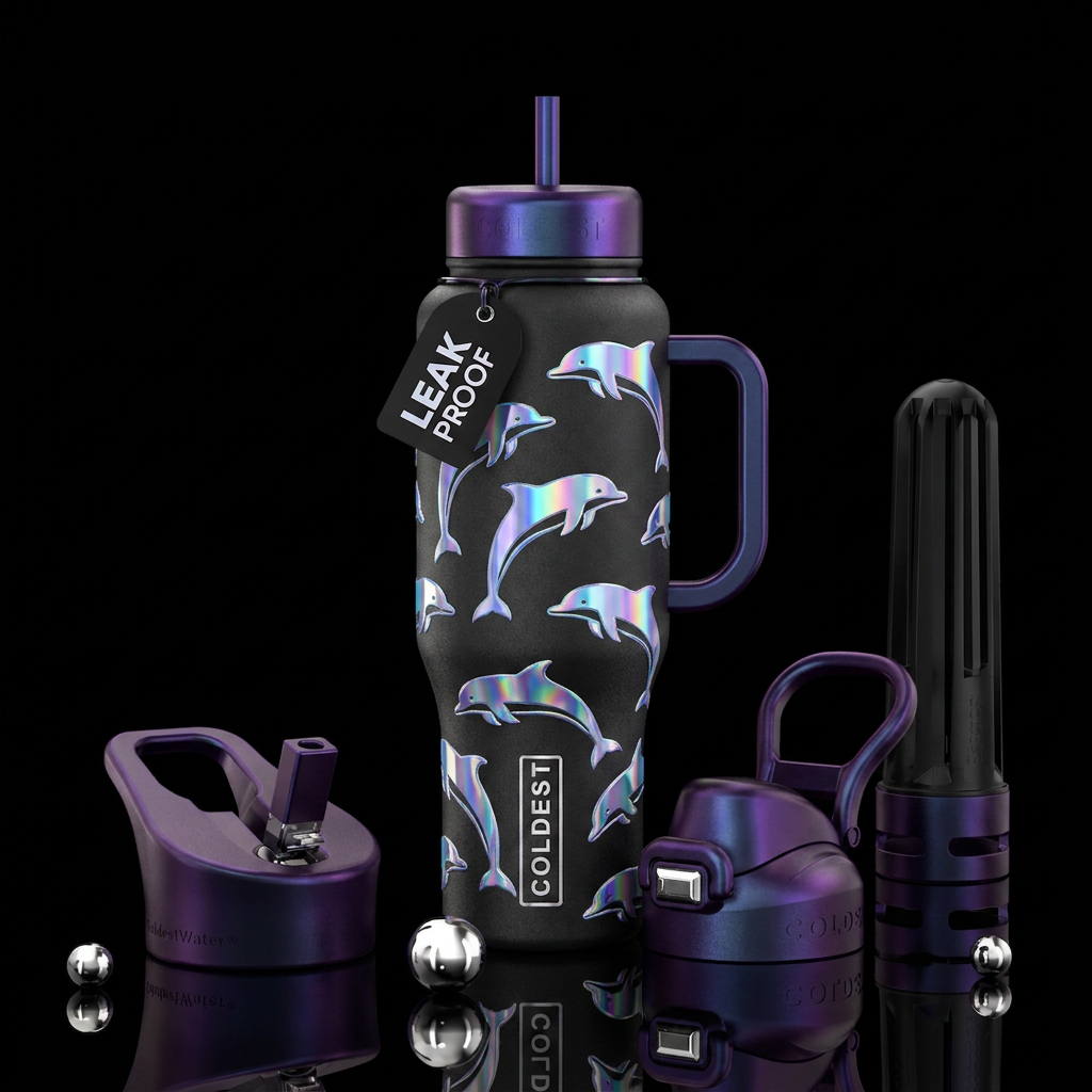 holographic dolphins, textured water bottle design