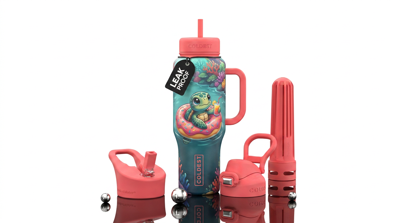 Turtl, floating on a donut, drink in hand, cute, t... water bottle design
