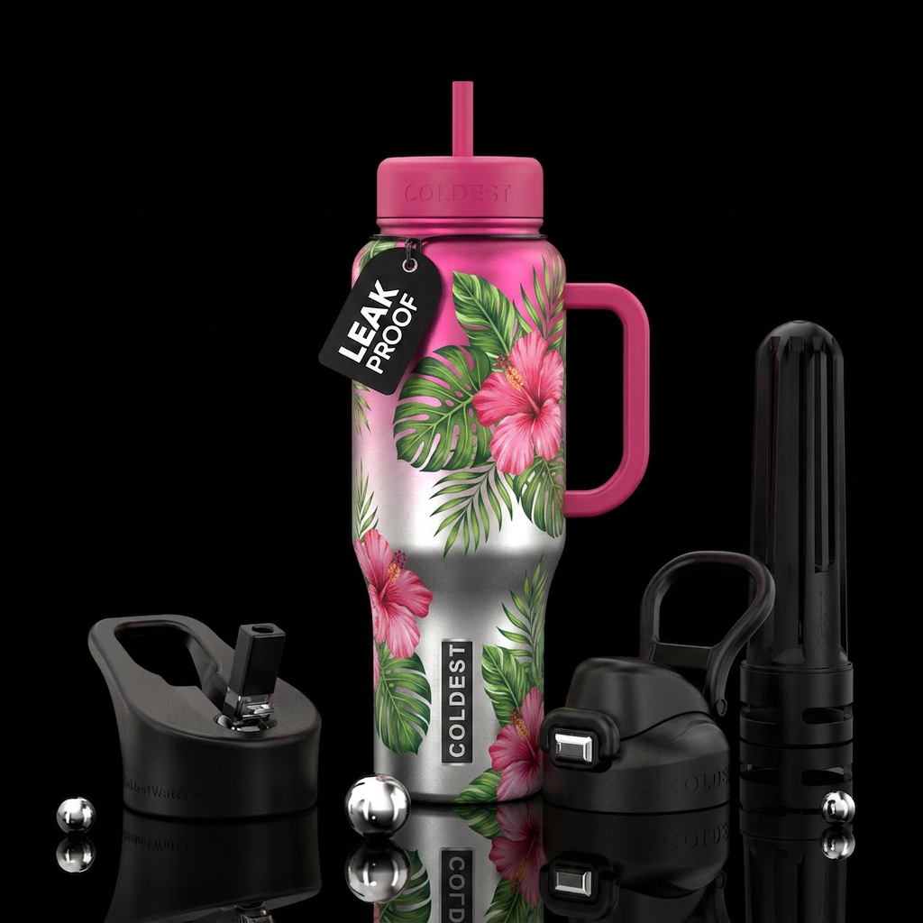 Bright pink, silver, Bright pink ombre,  Hawaiian ... water bottle design