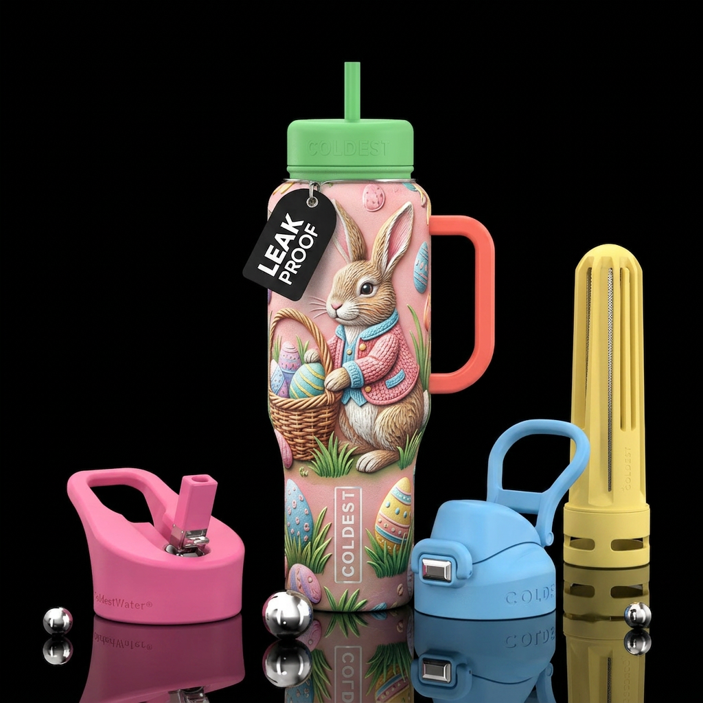 Easter rabbit, eggs, grass, jacket, textured water bottle design