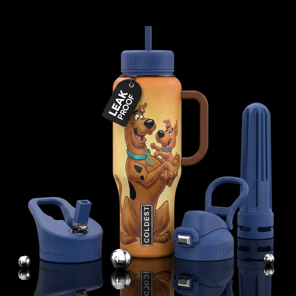 Scooby Doo & Scrappy, playing, textured water bottle design