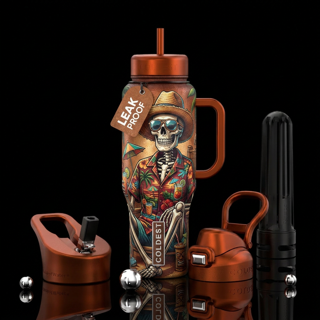Skeleton, hat, Hawaiian shirt, shades, textured water bottle design