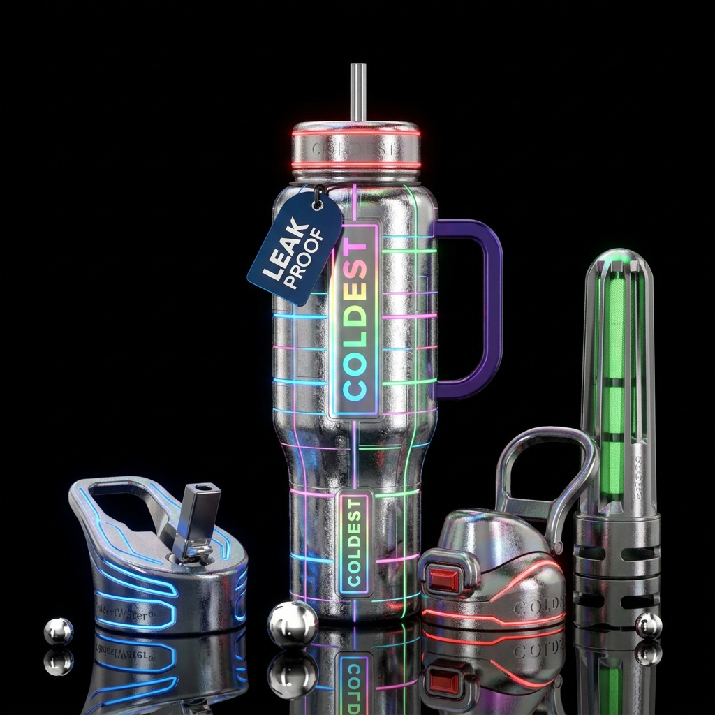 Stainless steel,  neon, glowie, chrome, textured water bottle design