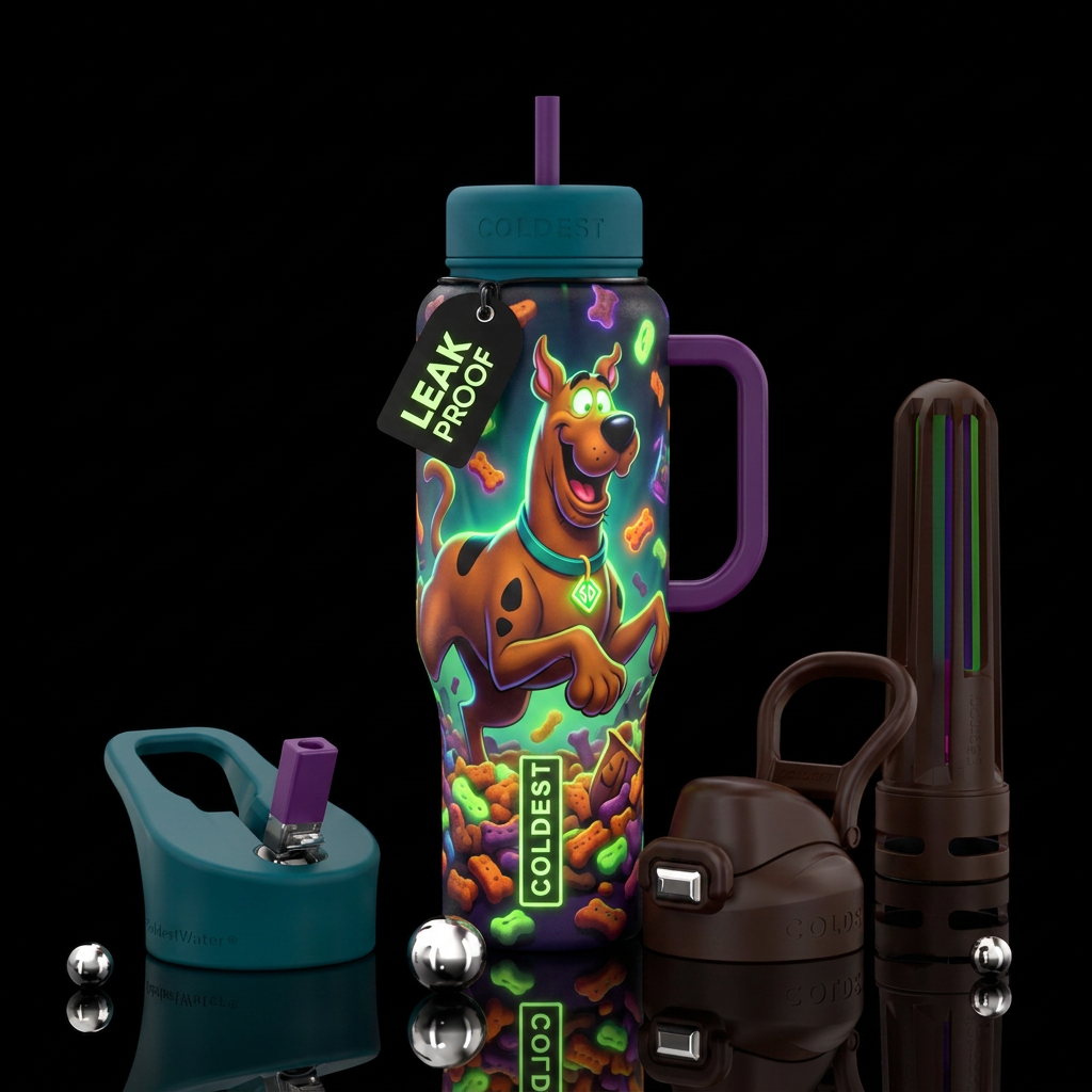 Glowie, Scooby Doo snacks & Scooby, textured water bottle design
