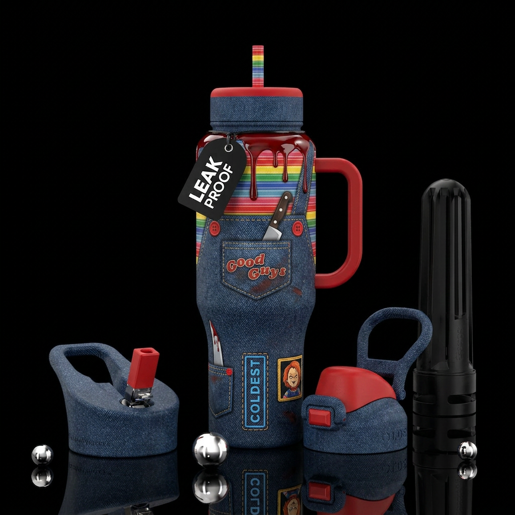 Chucky shirt overalls, blood dipping from rim, kni... water bottle design